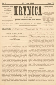 Krynica : pismo poświęcone balneologii i sprawom polskich zdrojowisk. 1893, nr 7