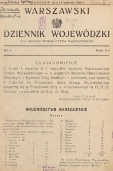 Warszawski Dziennik Wojewódzki : dla obszaru Województwa Warszawskiego. 1945, nr 1
