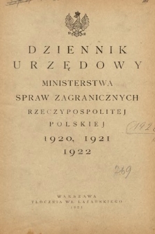 Dziennik Urzędowy Ministerstwa Spraw Zagranicznych Rzeczypospolitej Polskiej. 1920, 1921, 1922, skorowidz