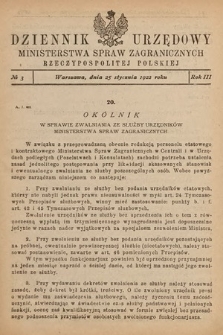 Dziennik Urzędowy Ministerstwa Spraw Zagranicznych Rzeczypospolitej Polskiej. 1922, nr 3