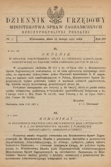 Dziennik Urzędowy Ministerstwa Spraw Zagranicznych Rzeczypospolitej Polskiej. 1922, nr 7