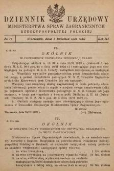 Dziennik Urzędowy Ministerstwa Spraw Zagranicznych Rzeczypospolitej Polskiej. 1922, nr 11