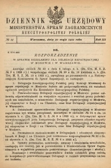 Dziennik Urzędowy Ministerstwa Spraw Zagranicznych Rzeczypospolitej Polskiej. 1922, nr 15