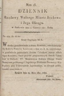 Dziennik Rządowy Wolnego Miasta Krakowa i Jego Okręgu. 1821, nr 18