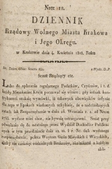 Dziennik Rządowy Wolnego Miasta Krakowa i Jego Okręgu. 1818, nr 12