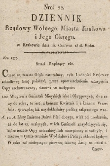 Dziennik Rządowy Wolnego Miasta Krakowa i Jego Okręgu. 1818, nr 22
