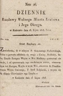 Dziennik Rządowy Wolnego Miasta Krakowa i Jego Okręgu. 1818, nr 26