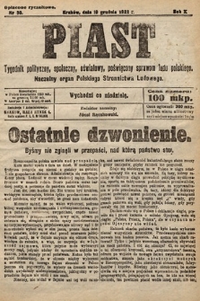 Piast : tygodnik polityczny, społeczny, oświatowy, poświęcony sprawom ludu polskiego : Naczelny organ Polskiego Stronnictwa Ludowego. 1922, nr 50