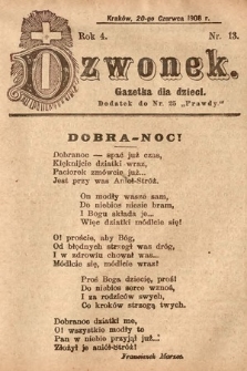 Dzwonek : gazetka dla dzieci. 1908, nr 13