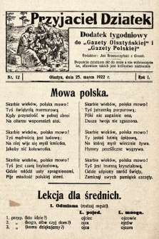 Przyjaciel Dziatek : dodatek tygodniowy do „Gazety Olsztyńskiej” i „Gazety Polskiej”. 1922, nr 12