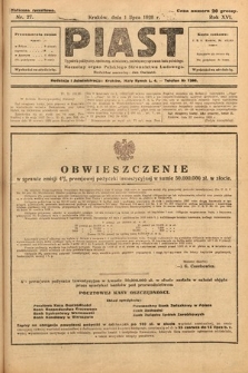 Piast : tygodnik polityczny, społeczny, oświatowy, poświęcony sprawom ludu polskiego : Naczelny organ Polskiego Stronnictwa Ludowego. 1928, nr 27