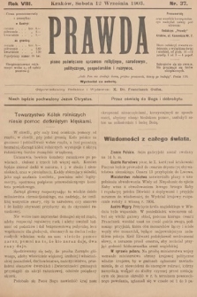 Prawda : pismo poświęcone sprawom religijnym, narodowym, politycznym, gospodarskim i rozrywce. 1903, nr 37