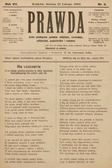 Prawda : pismo poświęcone sprawom religijnym, narodowym, politycznym, gospodarskim i rozrywce. 1902, nr 8