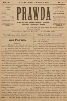 Prawda : pismo poświęcone sprawom religijnym, narodowym, politycznym, gospodarskim i rozrywce. 1902, nr 14