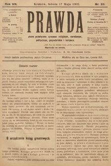 Prawda : pismo poświęcone sprawom religijnym, narodowym, politycznym, gospodarskim i rozrywce. 1902, nr 20