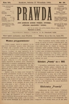 Prawda : pismo poświęcone sprawom religijnym, narodowym, politycznym, gospodarskim i rozrywce. 1902, nr 39