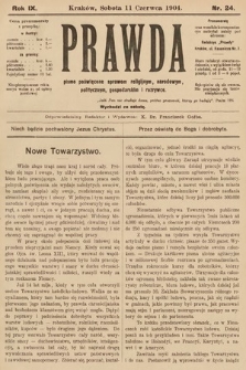 Prawda : pismo poświęcone sprawom religijnym, narodowym, politycznym, gospodarskim i rozrywce. 1904, nr 24