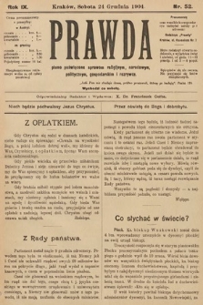 Prawda : pismo poświęcone sprawom religijnym, narodowym, politycznym, gospodarskim i rozrywce. 1904, nr 52