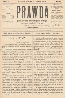 Prawda : pismo poświęcone sprawom religijnym, narodowym, politycznym, gospodarskim i rozrywce. 1905, nr 8