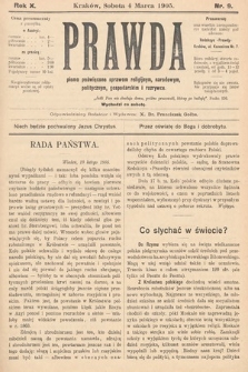 Prawda : pismo poświęcone sprawom religijnym, narodowym, politycznym, gospodarskim i rozrywce. 1905, nr 9