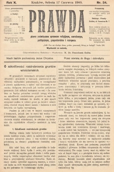 Prawda : pismo poświęcone sprawom religijnym, narodowym, politycznym, gospodarskim i rozrywce. 1905, nr 24