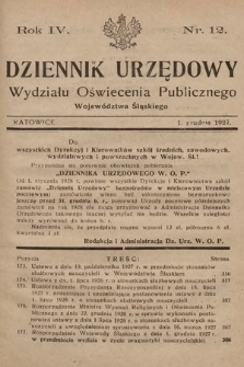 Dziennik Urzędowy Wydziału Oświecenia Publicznego Województwa Śląskiego. 1927, nr 12