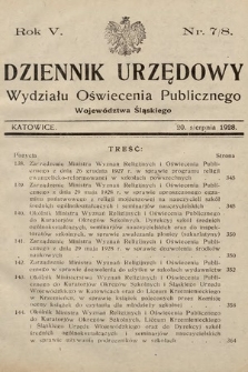 Dziennik Urzędowy Wydziału Oświecenia Publicznego Województwa Śląskiego. 1928, nr 7/8