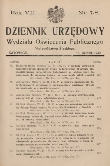 Dziennik Urzędowy Wydziału Oświecenia Publicznego Województwa Śląskiego. 1930, nr 7-8