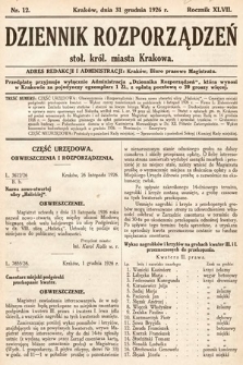 Dziennik Rozporządzeń Stoł. Król. Miasta Krakowa. 1926, nr 12
