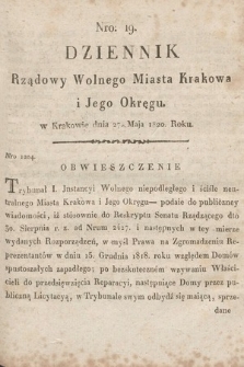 Dziennik Rządowy Wolnego Miasta Krakowa i Jego Okręgu. 1820, nr 19