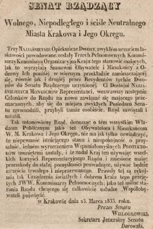 Dziennik Rządowy Wolnego Miasta Krakowa i Jego Okręgu. 1833, Senat Rządzący