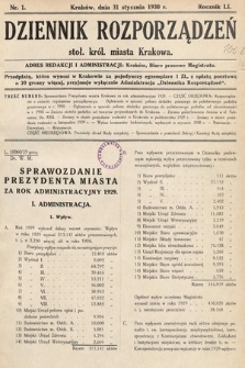 Dziennik Rozporządzeń Stoł. Król. Miasta Krakowa. 1930, nr 1