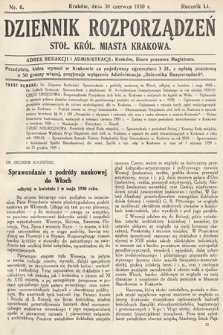 Dziennik Rozporządzeń Stoł. Król. Miasta Krakowa. 1930, nr 6