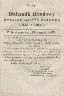 Dziennik Rządowy Wolnego Miasta Krakowa i Jego Okręgu. 1838, nr 62