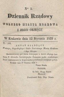 Dziennik Rządowy Wolnego Miasta Krakowa i Jego Okręgu. 1839, nr 1