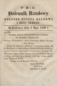 Dziennik Rządowy Wolnego Miasta Krakowa i Jego Okręgu. 1839, nr 26-27