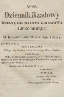 Dziennik Rządowy Wolnego Miasta Krakowa i Jego Okręgu. 1844, nr 60