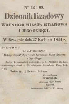 Dziennik Rządowy Wolnego Miasta Krakowa i Jego Okręgu. 1844, nr 62-63