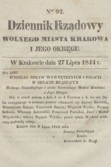 Dziennik Rządowy Wolnego Miasta Krakowa i Jego Okręgu. 1844, nr 92