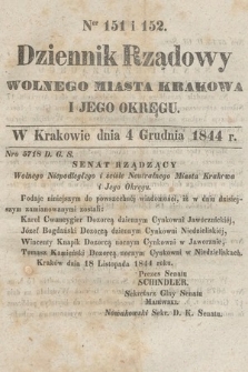 Dziennik Rządowy Wolnego Miasta Krakowa i Jego Okręgu. 1844, nr 151-152