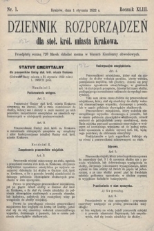 Dziennik Rozporządzeń dla Stoł. Król. Miasta Krakowa. 1922, nr 1