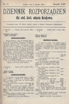 Dziennik Rozporządzeń dla Stoł. Król. Miasta Krakowa. 1922, nr 12