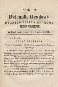 Dziennik Rządowy Wolnego Miasta Krakowa i Jego Okręgu. 1840, nr 27-28