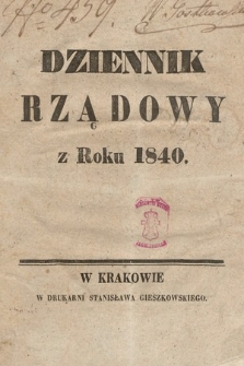 Dziennik Rządowy Wolnego Miasta Krakowa i Jego Okręgu. 1840, Regestr Dziennika