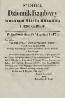 Dziennik Rządowy Wolnego Miasta Krakowa i Jego Okręgu. 1842, nr 104-105