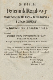 Dziennik Rządowy Wolnego Miasta Krakowa i Jego Okręgu. 1842, nr 133-134