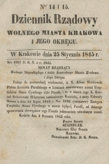 Dziennik Rządowy Wolnego Miasta Krakowa i Jego Okręgu. 1845, nr 14-15
