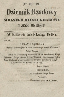 Dziennik Rządowy Wolnego Miasta Krakowa i Jego Okręgu. 1845, nr 20-21