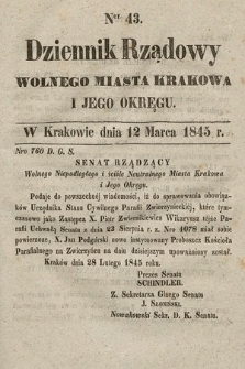 Dziennik Rządowy Wolnego Miasta Krakowa i Jego Okręgu. 1845, nr 43