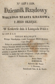 Dziennik Rządowy Wolnego Miasta Krakowa i Jego Okręgu. 1845, nr 147-148